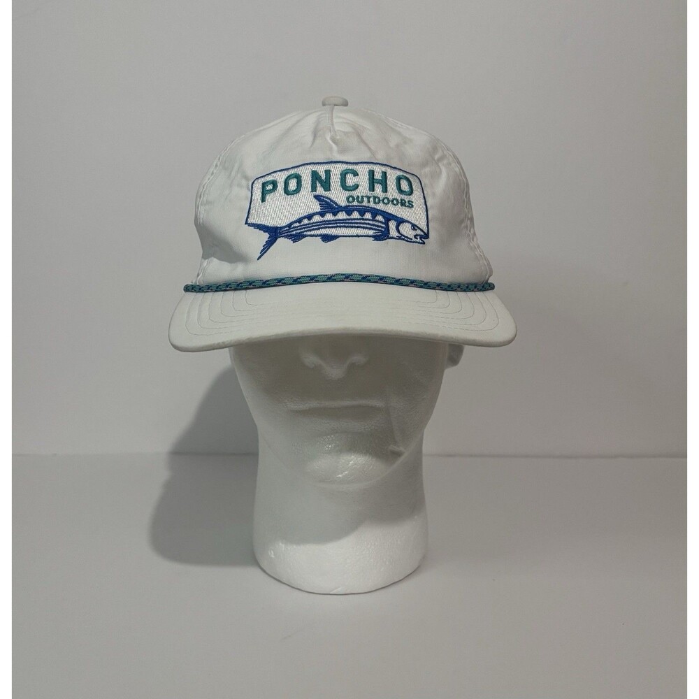 Poncho Outdoors Hat USA Fly Fishing White Adjustable Strap Cap Rope
